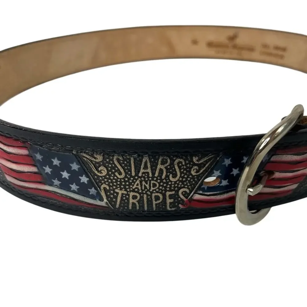 Western Express Mens Tooled Leather Belt 32 34 Stars Stripes USA Flag
